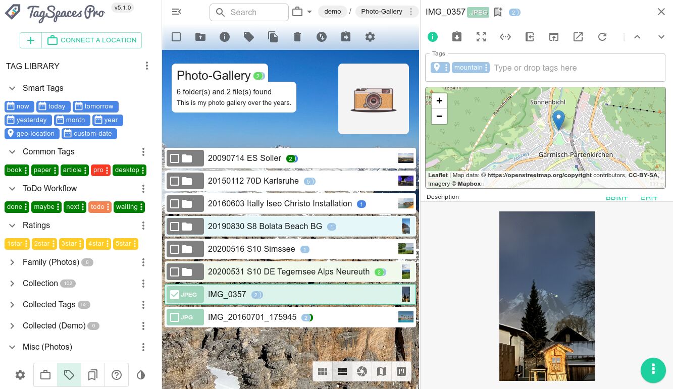 Shows the List perspective and properties of a geo-tagged file